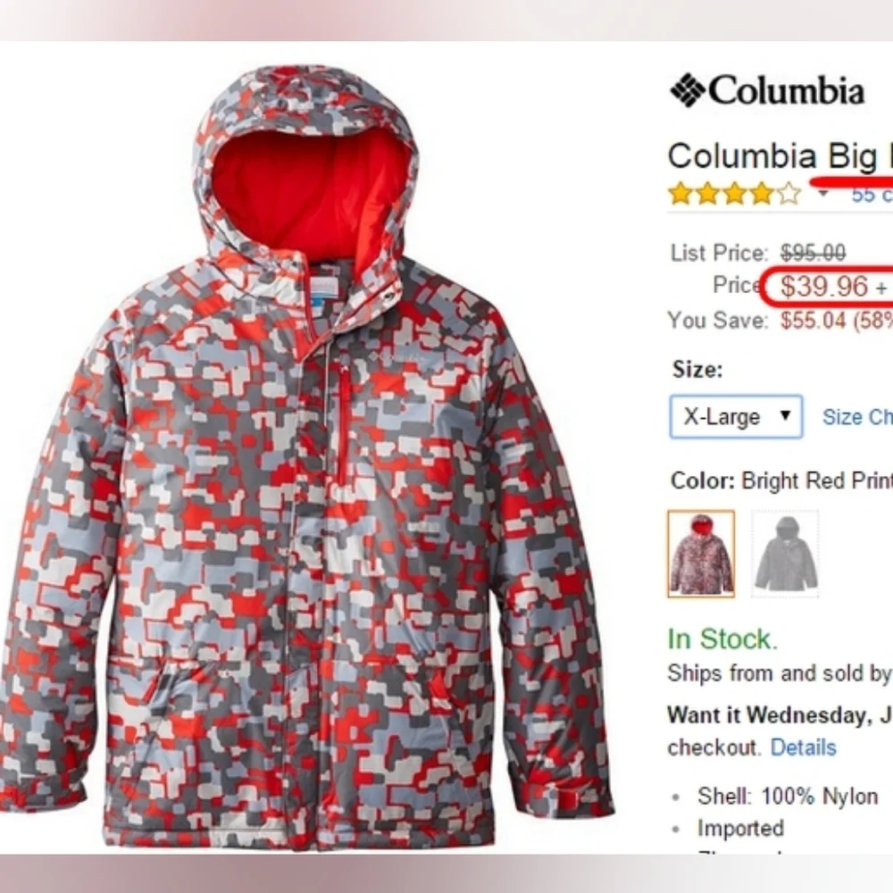 Columbia Kids Red Gray Camouflage Puffer Jacket